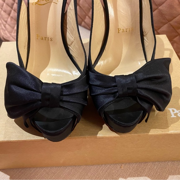 💯 Authentic Christian Louboutin black satin Bow Slingback Platform heel 38.5 - Picture 3 of 9
